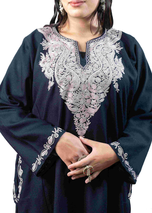 Kashmiri Pastel Aari Work Phiran - Black | Rezkaar - Kashmir Jama