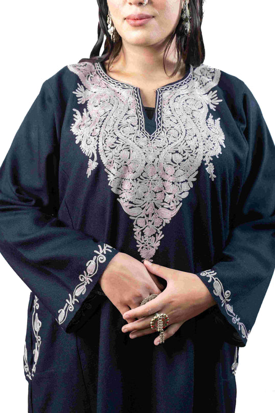 Kashmiri Pastel Aari Work Phiran - Black | Rezkaar - Kashmir Jama