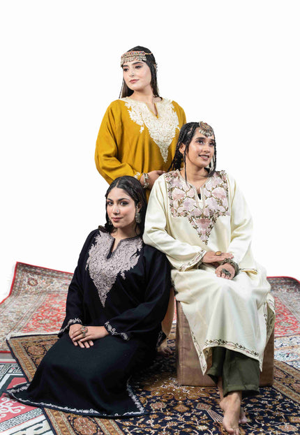 Kashmiri Pastel Aari Work Phiran - Black | Rezkaar - Kashmir Jama