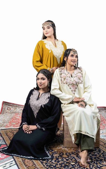 Kashmiri Pastel Aari Work Phiran - Black | Rezkaar - Kashmir Jama