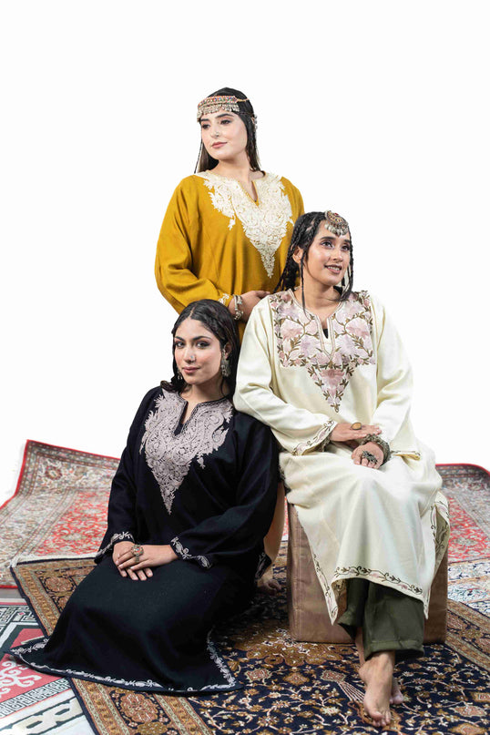 Kashmiri Pastel Aari Work Phiran - Black | Rezkaar - Kashmir Jama