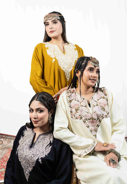 Kashmiri Pastel Aari Work Phiran - Black | Rezkaar - Kashmir Jama