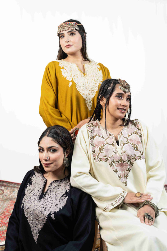 Kashmiri Pastel Aari Work Phiran - Black | Rezkaar - Kashmir Jama