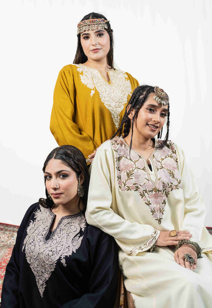 Kashmiri Pastel Aari Work Phiran - Black | Rezkaar - Kashmir Jama
