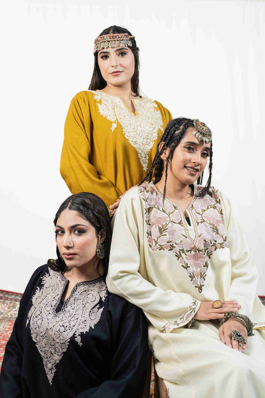 Kashmiri Pastel Aari Work Phiran - Black | Rezkaar - Kashmir Jama