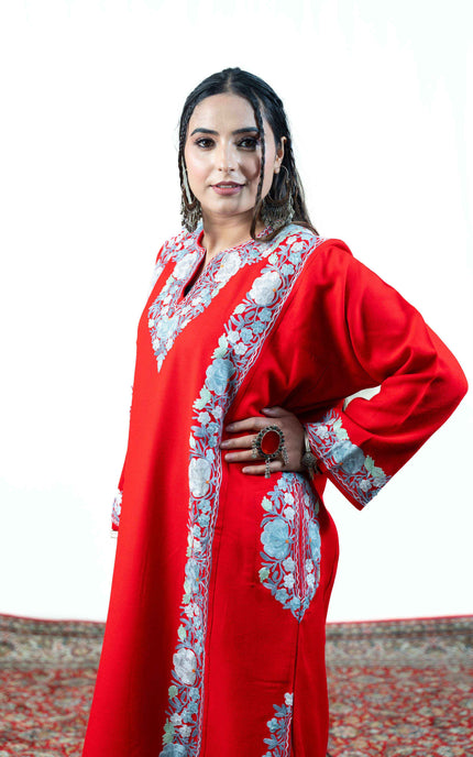 Kashmiri Aari Work Phiran - Majestic Red - Kashmir Jama