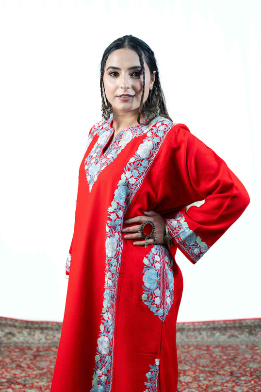 Kashmiri Aari Work Phiran - Majestic Red - Kashmir Jama