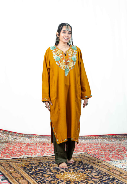 Kashmiri Aari Work Phiran - Mustard - Kashmir Jama