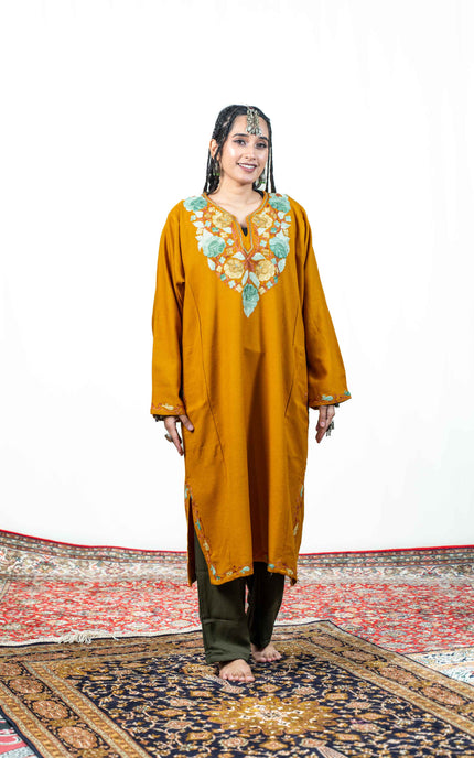 Kashmiri Aari Work Phiran - Mustard - Kashmir Jama