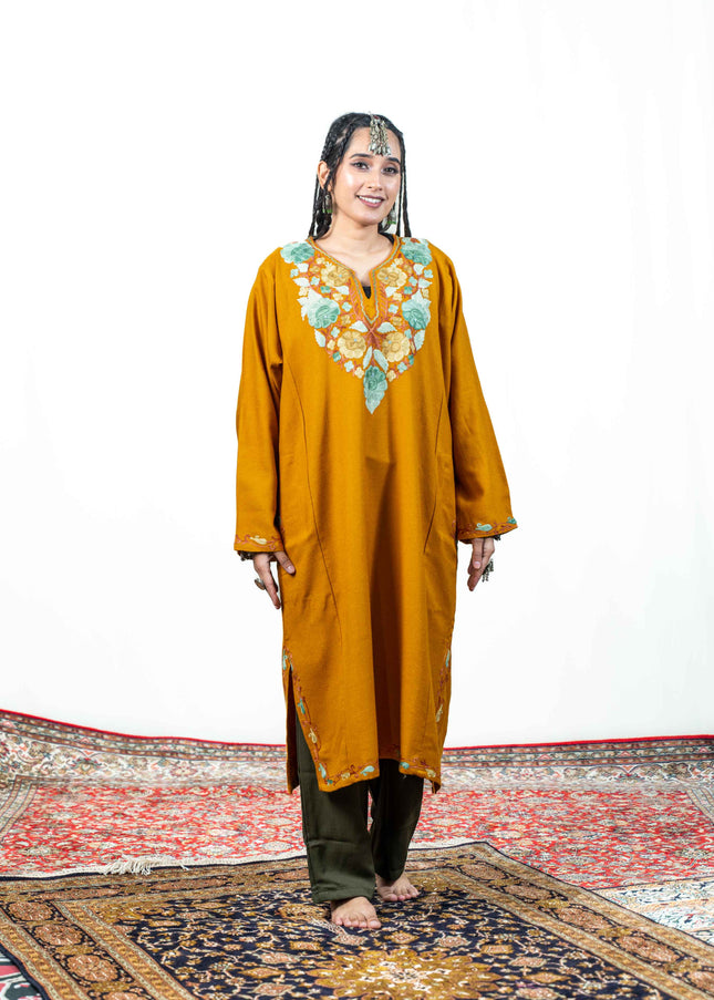 Kashmiri Aari Work Phiran - Mustard - Kashmir Jama