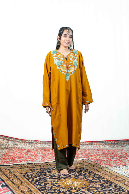 Kashmiri Aari Work Phiran - Mustard - Kashmir Jama