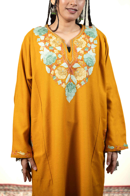 Kashmiri Aari Work Phiran - Mustard - Kashmir Jama