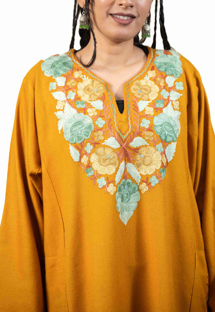 Kashmiri Aari Work Phiran - Mustard - Kashmir Jama