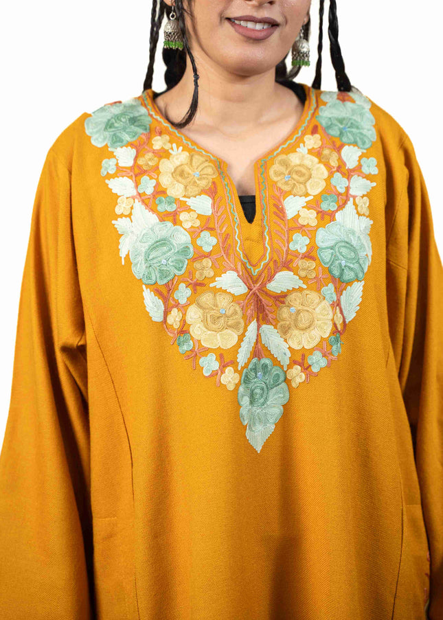 Kashmiri Aari Work Phiran - Mustard - Kashmir Jama