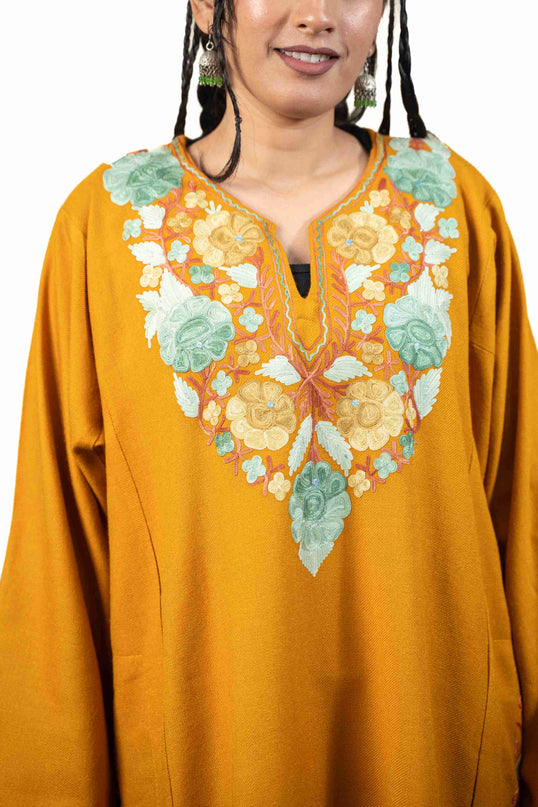 Kashmiri Aari Work Phiran - Mustard - Kashmir Jama