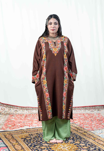 Kashmiri Aari Work Phiran - Brown - Kashmir Jama