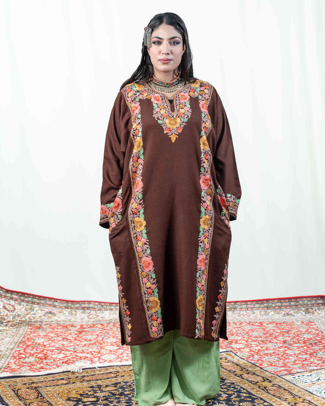 Kashmiri Aari Work Phiran - Brown - Kashmir Jama