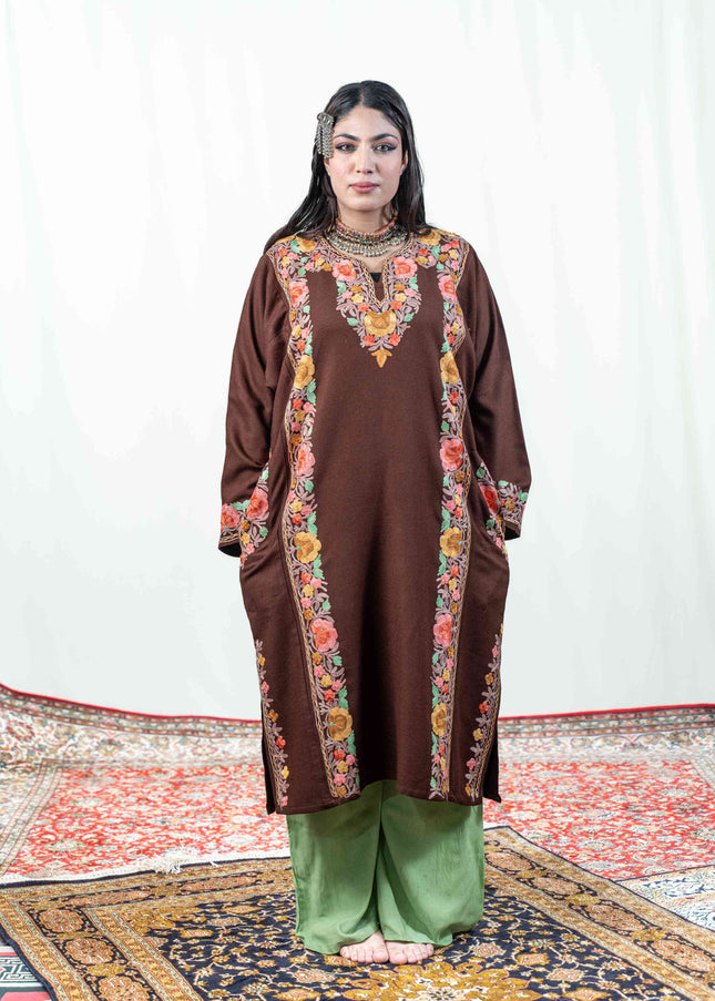 Kashmiri Aari Work Phiran - Brown - Kashmir Jama