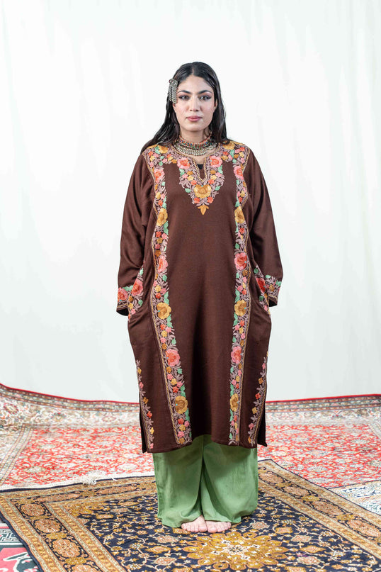 Kashmiri Aari Work Phiran - Brown - Kashmir Jama