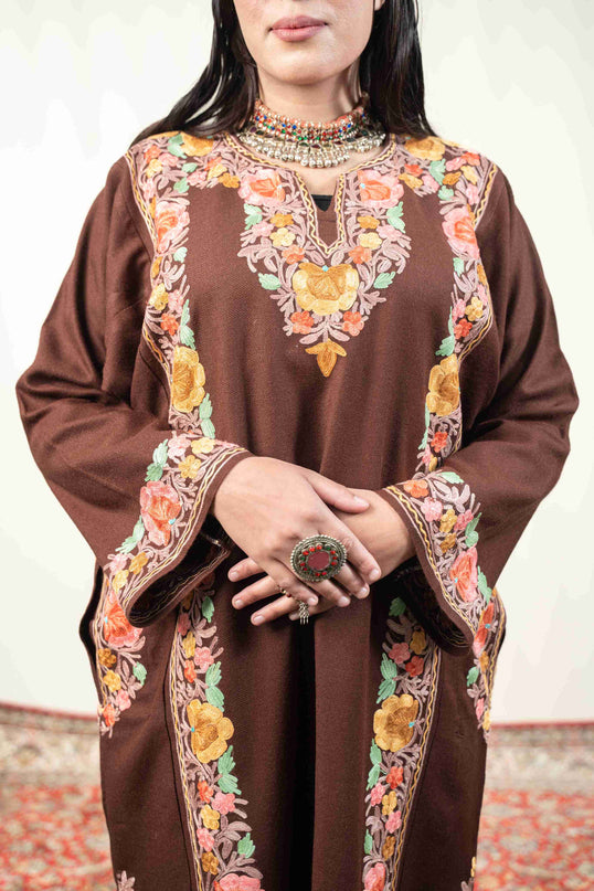 Kashmiri Aari Work Phiran - Brown - Kashmir Jama
