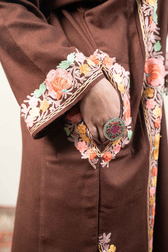 Kashmiri Aari Work Phiran - Brown - Kashmir Jama