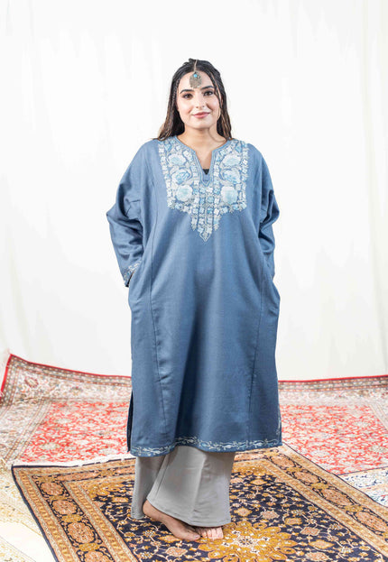 Kashmiri Aari Work Phiran - Teal - Kashmir Jama