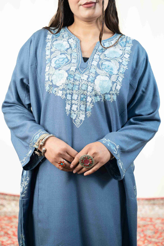Kashmiri Aari Work Phiran - Teal - Kashmir Jama