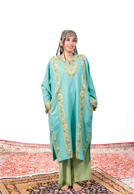 Kashmiri Aari Work Phiran - Turquoise - Kashmir Jama