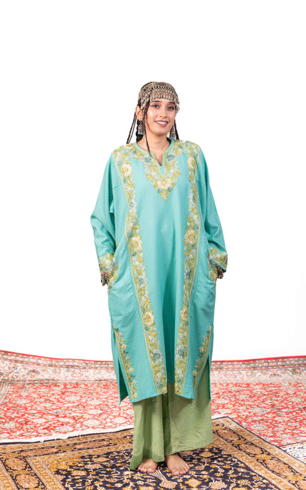 Kashmiri Aari Work Phiran - Turquoise - Kashmir Jama