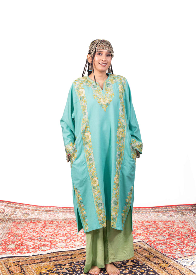 Kashmiri Aari Work Phiran - Turquoise - Kashmir Jama
