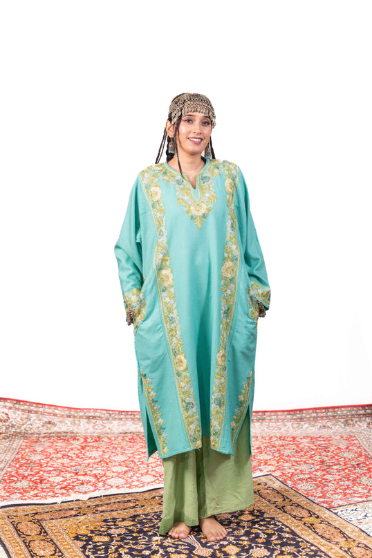 Kashmiri Aari Work Phiran - Turquoise - Kashmir Jama