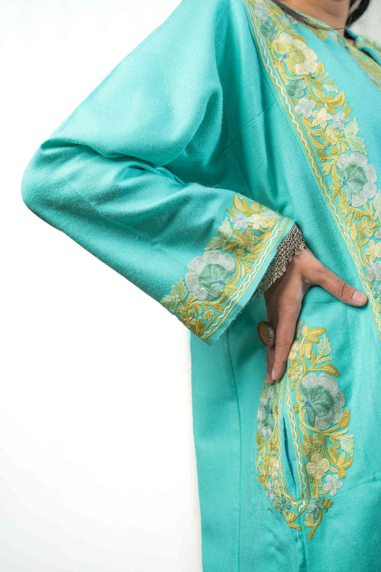 Kashmiri Aari Work Phiran - Turquoise - Kashmir Jama