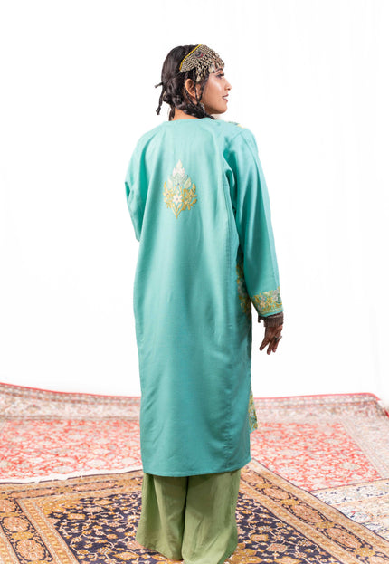 Kashmiri Aari Work Phiran - Turquoise - Kashmir Jama