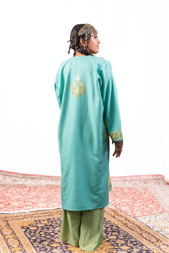 Kashmiri Aari Work Phiran - Turquoise - Kashmir Jama