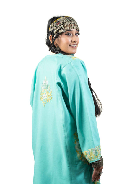 Kashmiri Aari Work Phiran - Turquoise - Kashmir Jama