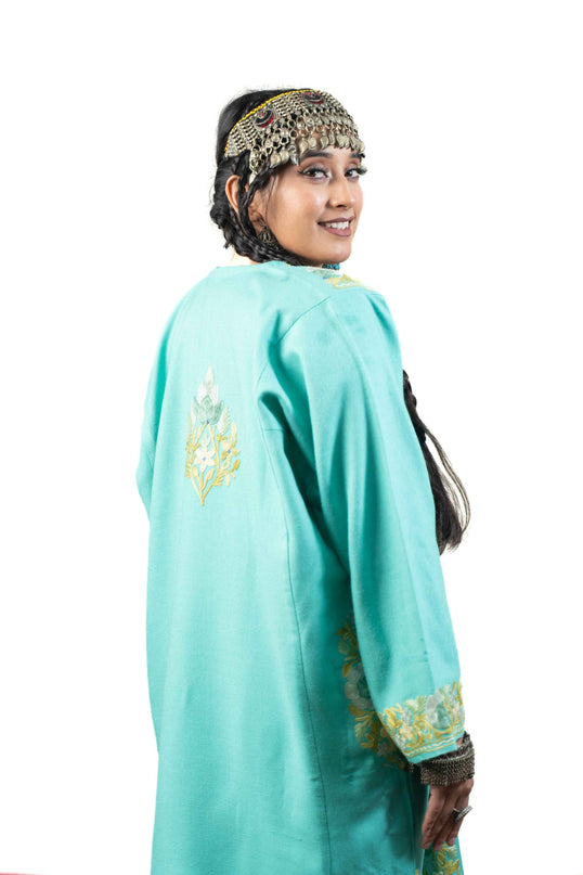 Kashmiri Aari Work Phiran - Turquoise - Kashmir Jama