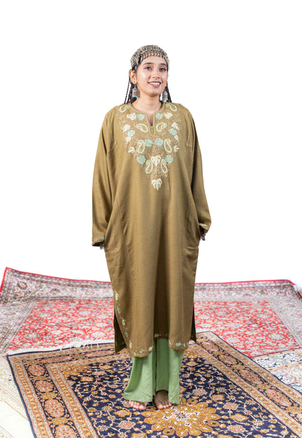 Kashmiri Paisley Aari Work Phiran - Olive - Kashmir Jama