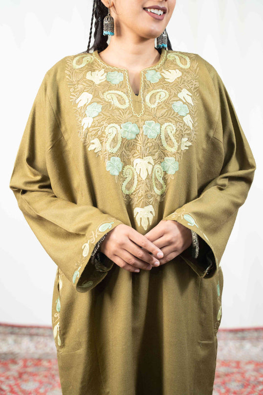 Kashmiri Paisley Aari Work Phiran - Olive - Kashmir Jama