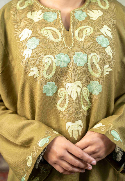 Kashmiri Paisley Aari Work Phiran - Olive - Kashmir Jama