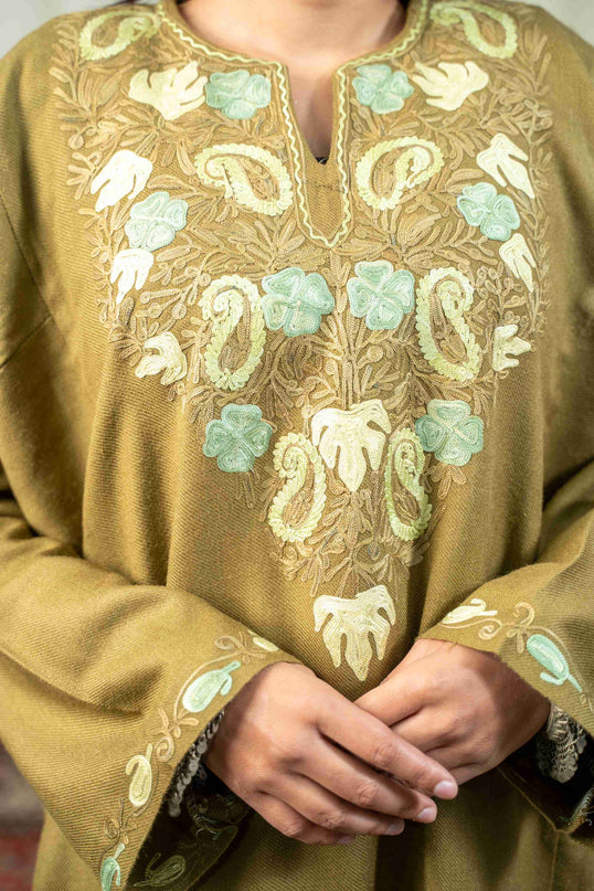 Kashmiri Paisley Aari Work Phiran - Olive - Kashmir Jama