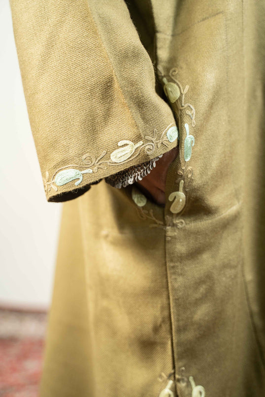 Kashmiri Paisley Aari Work Phiran - Olive - Kashmir Jama