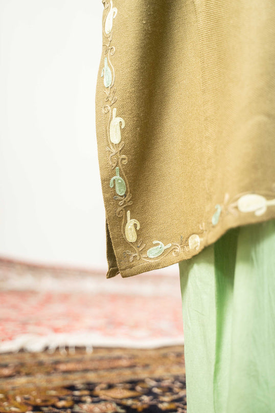 Kashmiri Paisley Aari Work Phiran - Olive - Kashmir Jama