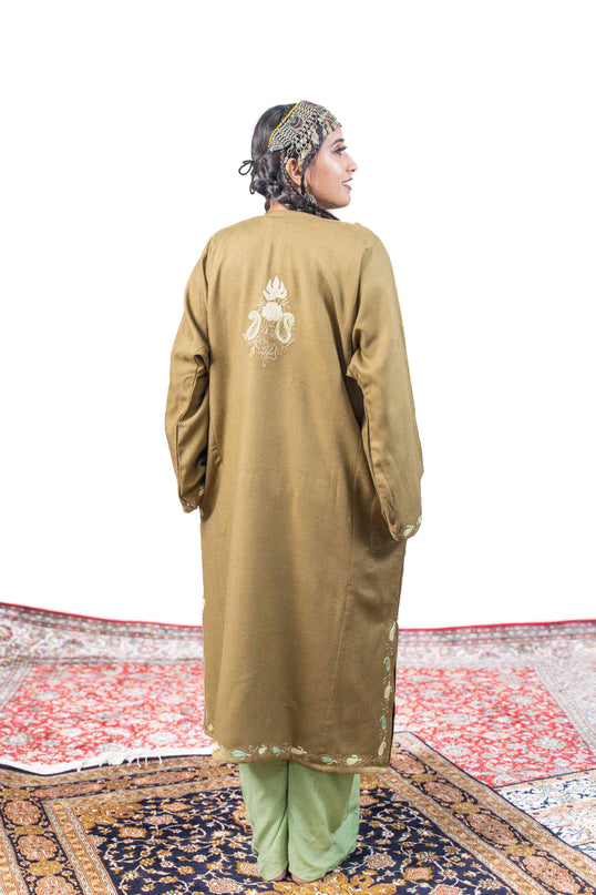 Kashmiri Paisley Aari Work Phiran - Olive - Kashmir Jama