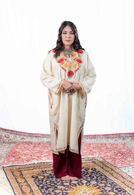 Kashmiri Floral Aari Work Phiran - White - Kashmir Jama