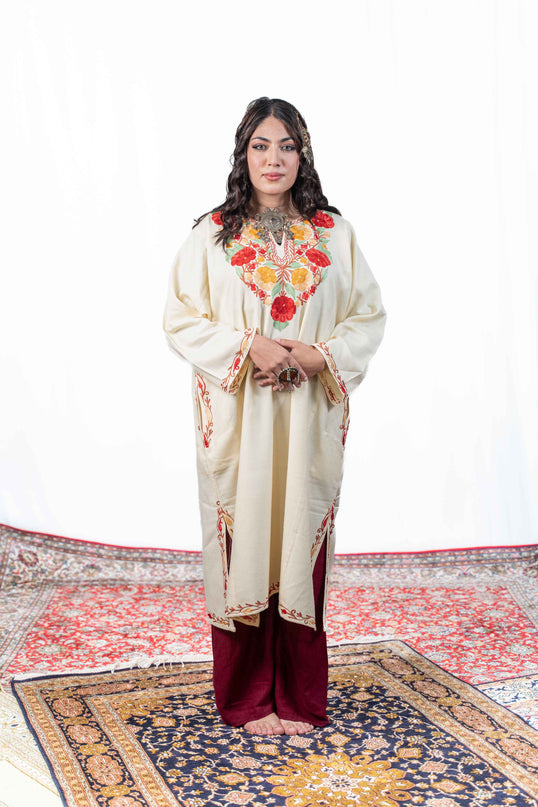 Kashmiri Floral Aari Work Phiran - White - Kashmir Jama