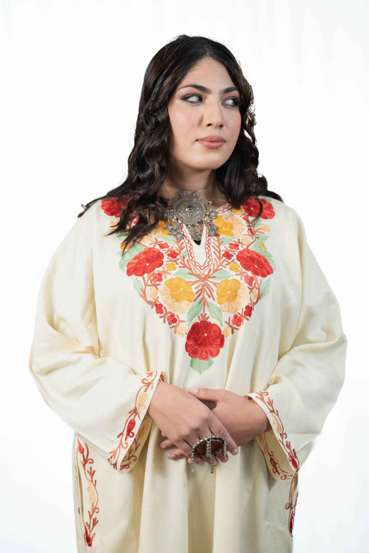 Kashmiri Floral Aari Work Phiran - White - Kashmir Jama