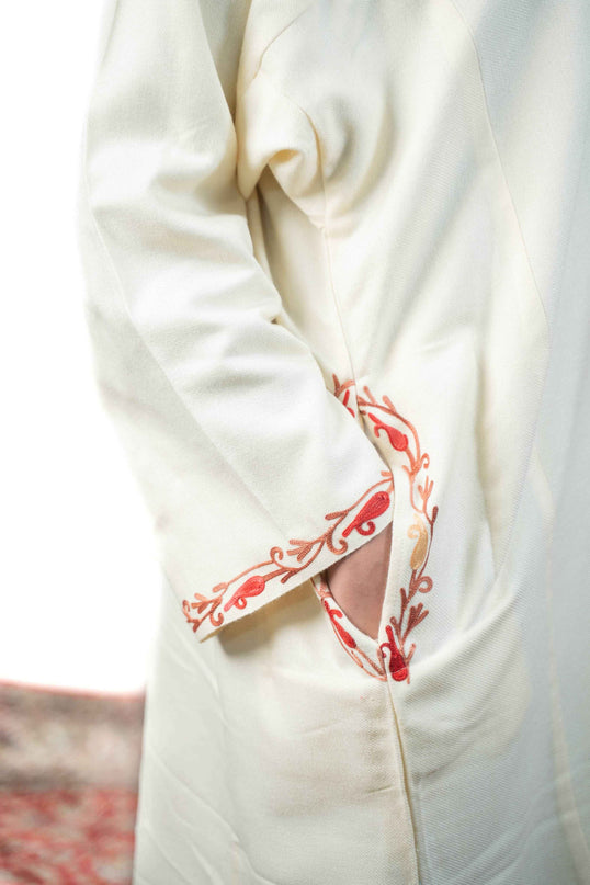 Kashmiri Floral Aari Work Phiran - White - Kashmir Jama