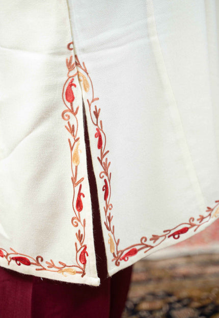 Kashmiri Floral Aari Work Phiran - White - Kashmir Jama