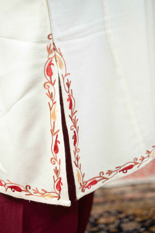 Kashmiri Floral Aari Work Phiran - White - Kashmir Jama