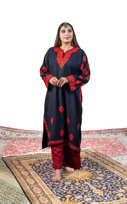Kashmiri Red Aari Work Phiran - Black - Kashmir Jama